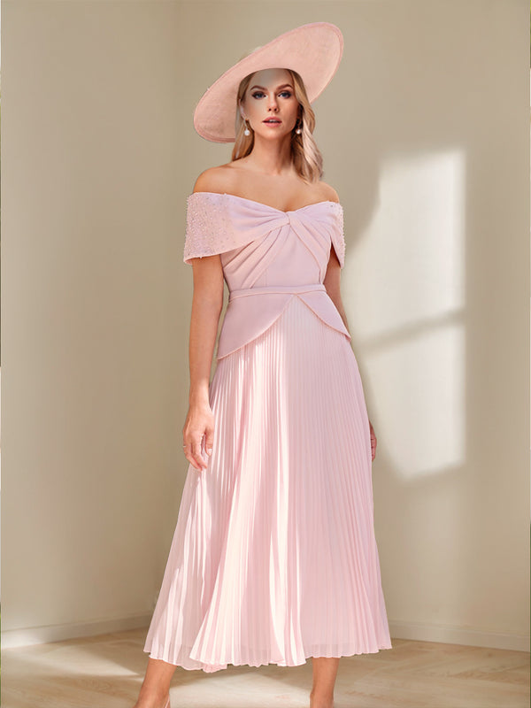 A-Line/Princess Off-the-Shoulder Pleated Mother of the Bride Dresses with Beads