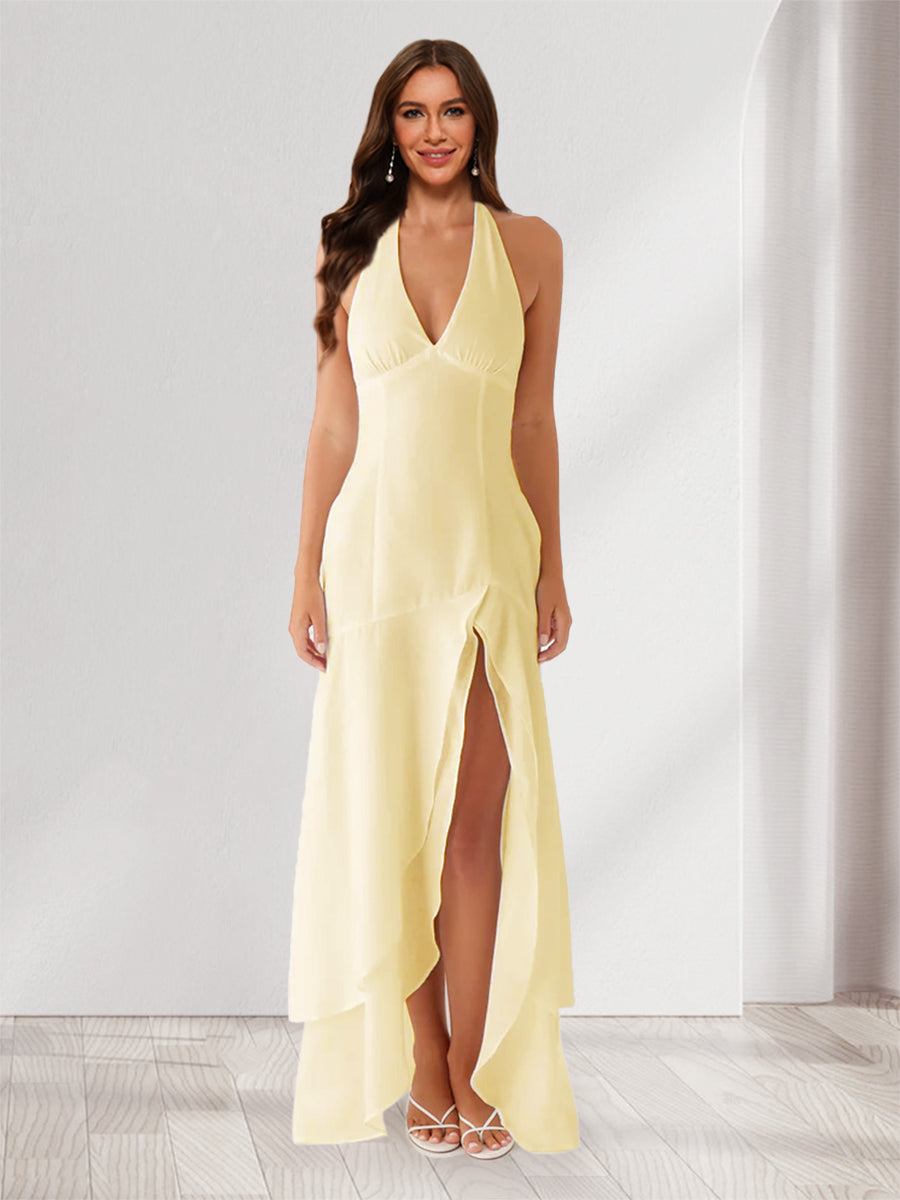 Sheath/Column Halter Ruffle Maxi Dresses Long Bridesmaid Dresses with Split Side