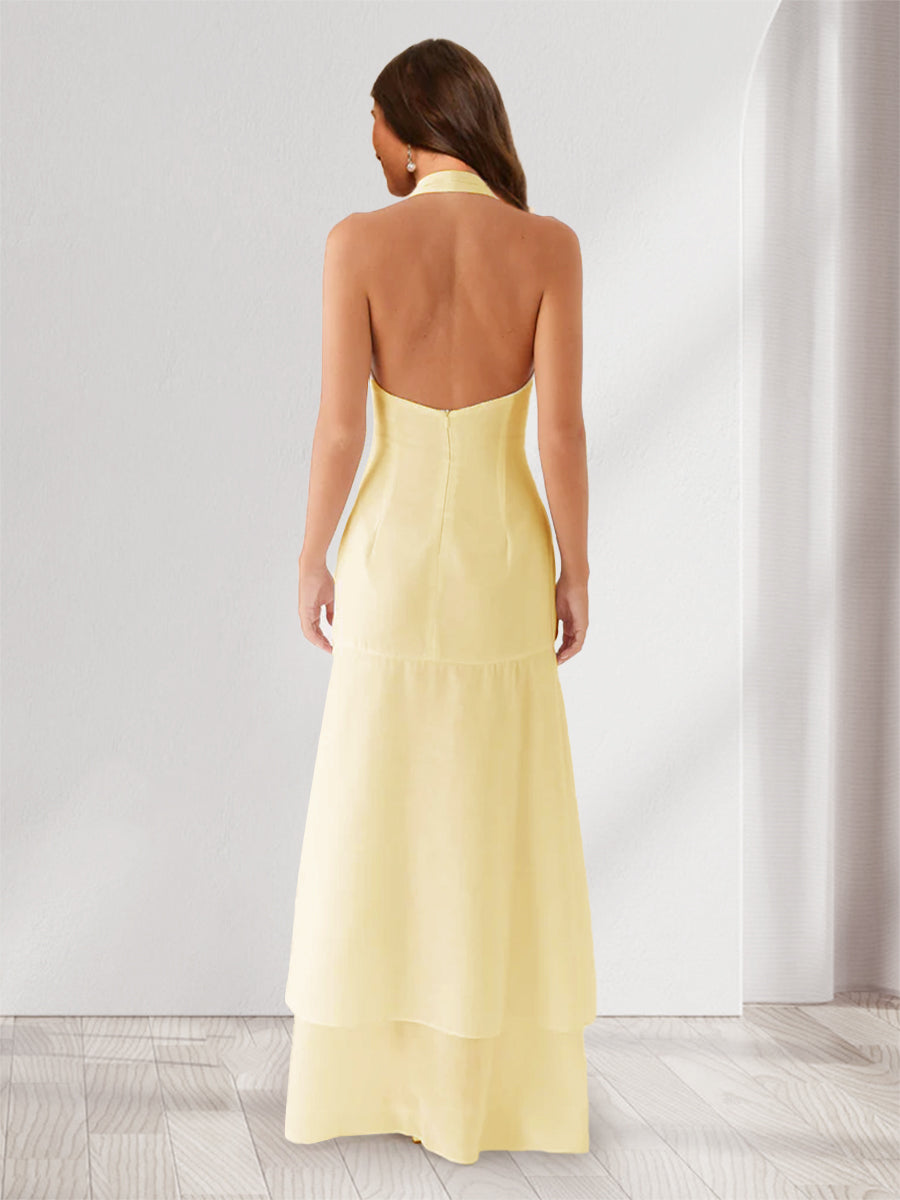 Sheath/Column Halter Ruffle Maxi Dresses Long Bridesmaid Dresses with Split Side