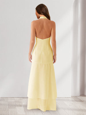 Sheath/Column Halter Ruffle Maxi Dresses Long Bridesmaid Dresses with Split Side