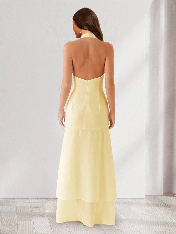 Sheath/Column Halter Ruffle Maxi Dresses Long Bridesmaid Dresses with Split Side