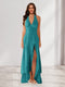 Sheath/Column Halter Ruffle Maxi Dresses Long Bridesmaid Dresses with Split Side