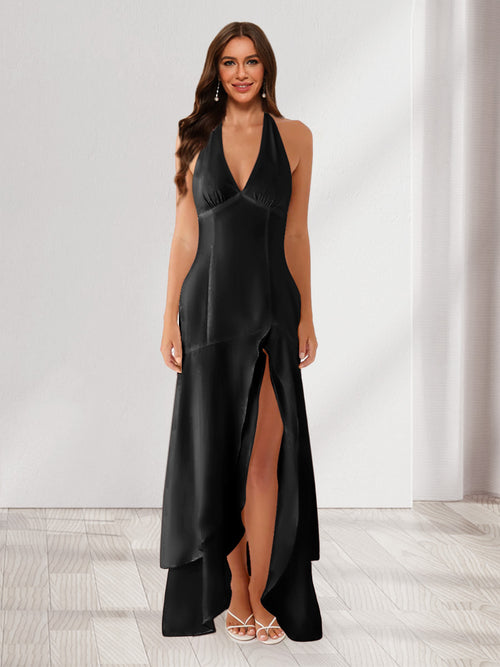 Sheath/Column Halter Ruffle Maxi Dresses Long Bridesmaid Dresses with Split Side