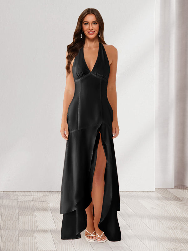 Sheath/Column Halter Ruffle Maxi Dresses Long Bridesmaid Dresses with Split Side