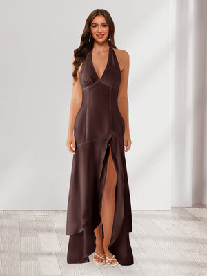 Sheath/Column Halter Ruffle Maxi Dresses Long Bridesmaid Dresses with Split Side