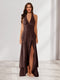 Sheath/Column Halter Ruffle Maxi Dresses Long Bridesmaid Dresses with Split Side