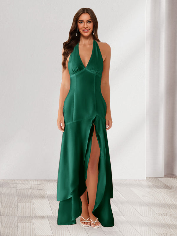 Sheath/Column Halter Ruffle Maxi Dresses Long Bridesmaid Dresses with Split Side