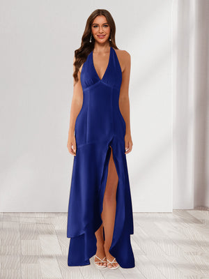 Sheath/Column Halter Ruffle Maxi Dresses Long Bridesmaid Dresses with Split Side