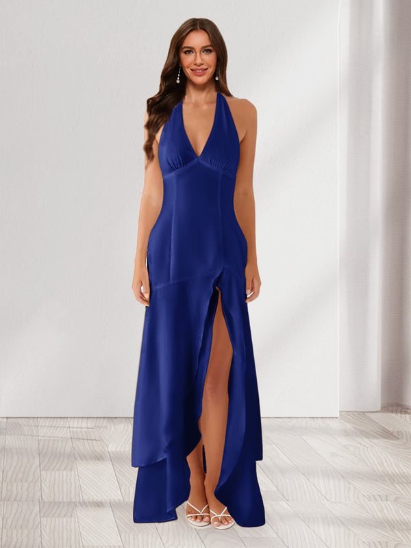 Sheath/Column Halter Ruffle Maxi Dresses Long Bridesmaid Dresses with Split Side
