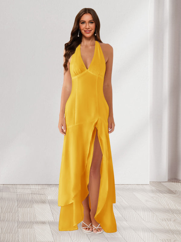 Sheath/Column Halter Ruffle Maxi Dresses Long Bridesmaid Dresses with Split Side