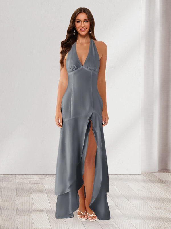 Sheath/Column Halter Ruffle Maxi Dresses Long Bridesmaid Dresses with Split Side