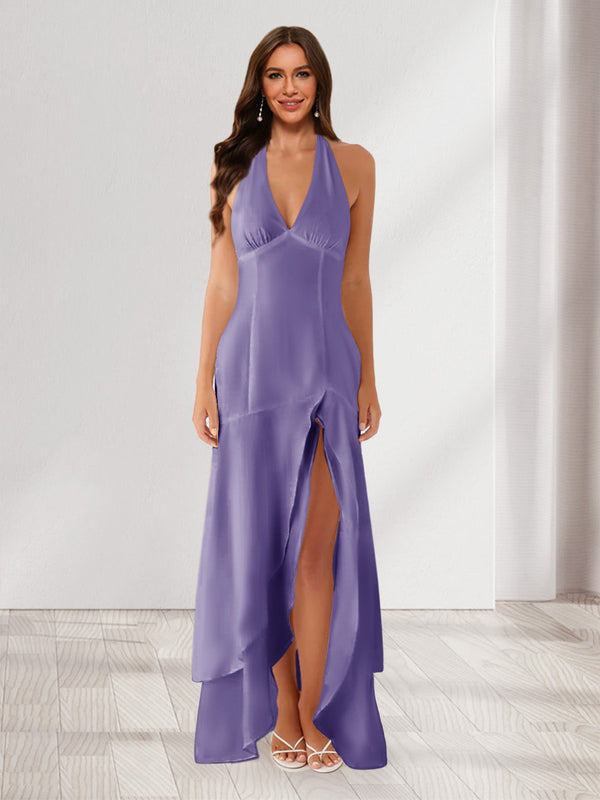 Sheath/Column Halter Ruffle Maxi Dresses Long Bridesmaid Dresses with Split Side