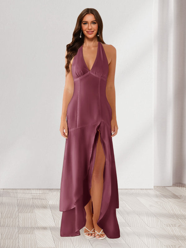 Sheath/Column Halter Ruffle Maxi Dresses Long Bridesmaid Dresses with Split Side