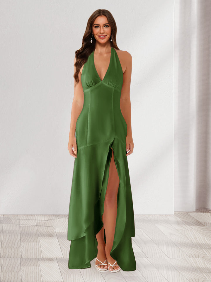 Sheath/Column Halter Ruffle Maxi Dresses Long Bridesmaid Dresses with Split Side