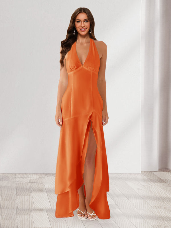 Sheath/Column Halter Ruffle Maxi Dresses Long Bridesmaid Dresses with Split Side