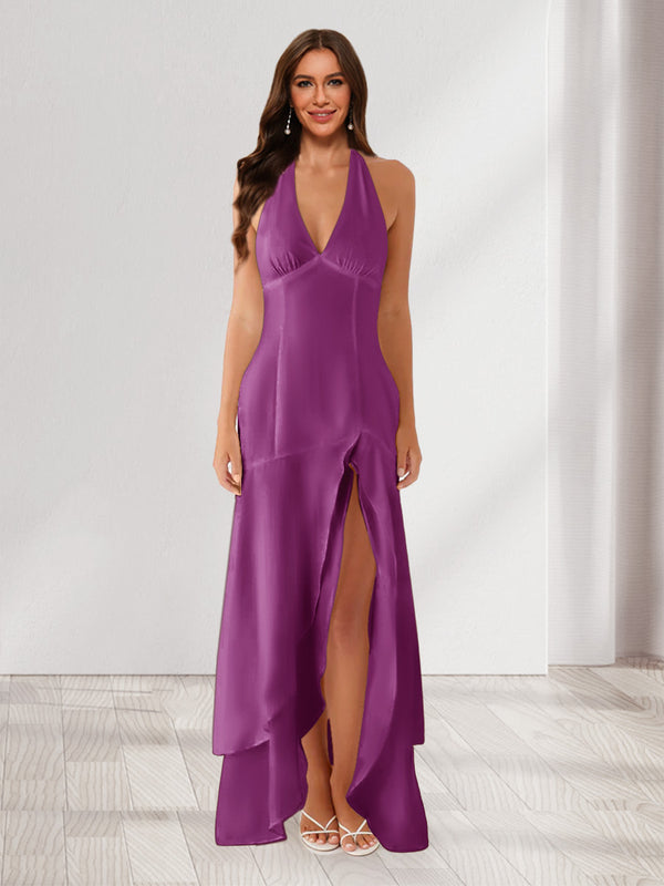 Sheath/Column Halter Ruffle Maxi Dresses Long Bridesmaid Dresses with Split Side