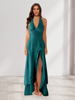 Sheath/Column Halter Ruffle Maxi Dresses Long Bridesmaid Dresses with Split Side
