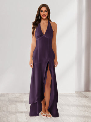 Sheath/Column Halter Ruffle Maxi Dresses Long Bridesmaid Dresses with Split Side