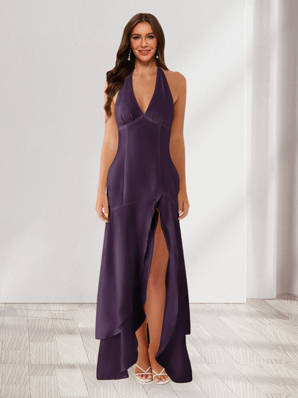 Sheath/Column Halter Ruffle Maxi Dresses Long Bridesmaid Dresses with Split Side