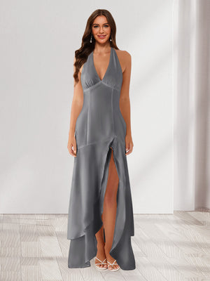 Sheath/Column Halter Ruffle Maxi Dresses Long Bridesmaid Dresses with Split Side