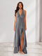 Sheath/Column Halter Ruffle Maxi Dresses Long Bridesmaid Dresses with Split Side