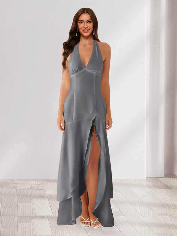 Sheath/Column Halter Ruffle Maxi Dresses Long Bridesmaid Dresses with Split Side