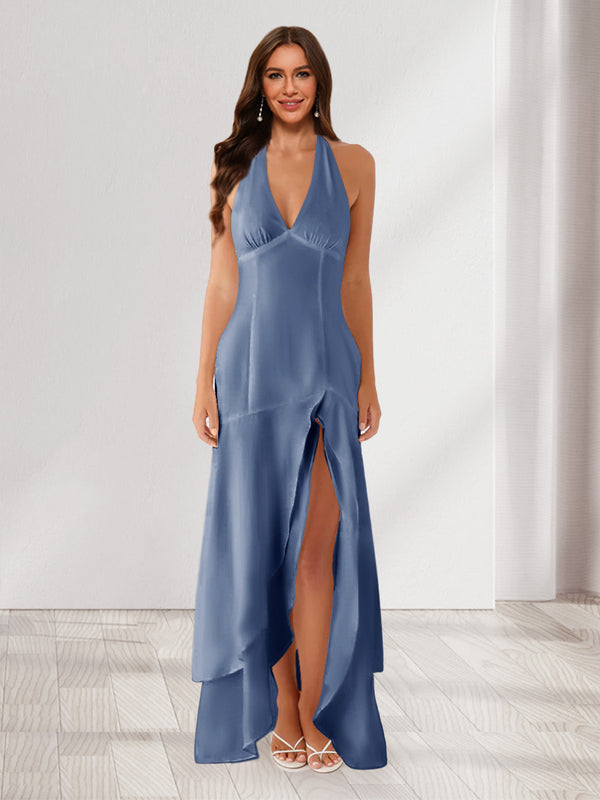 Sheath/Column Halter Ruffle Maxi Dresses Long Bridesmaid Dresses with Split Side