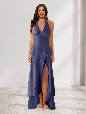 Sheath/Column Halter Ruffle Maxi Dresses Long Bridesmaid Dresses with Split Side