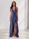 Sheath/Column Halter Ruffle Maxi Dresses Long Bridesmaid Dresses with Split Side