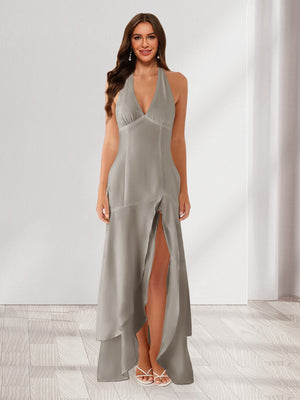 Sheath/Column Halter Ruffle Maxi Dresses Long Bridesmaid Dresses with Split Side