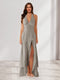 Sheath/Column Halter Ruffle Maxi Dresses Long Bridesmaid Dresses with Split Side
