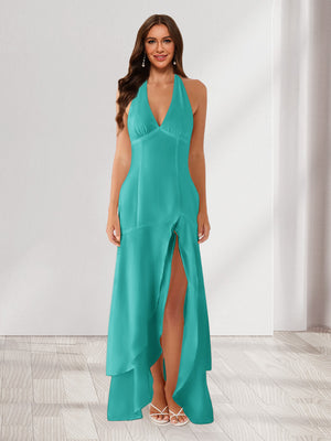 Sheath/Column Halter Ruffle Maxi Dresses Long Bridesmaid Dresses with Split Side
