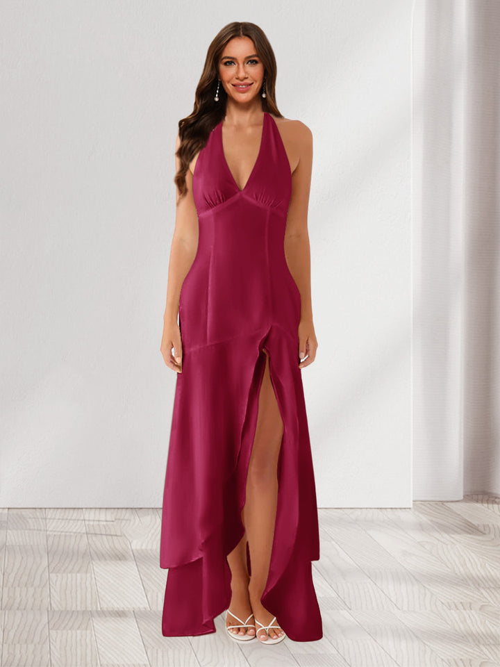 Sheath/Column Halter Ruffle Maxi Dresses Long Bridesmaid Dresses with Split Side
