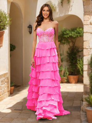 A-Line/Princess Sweetheart Sheer Corset Appliques Ruffle Prom Dresses