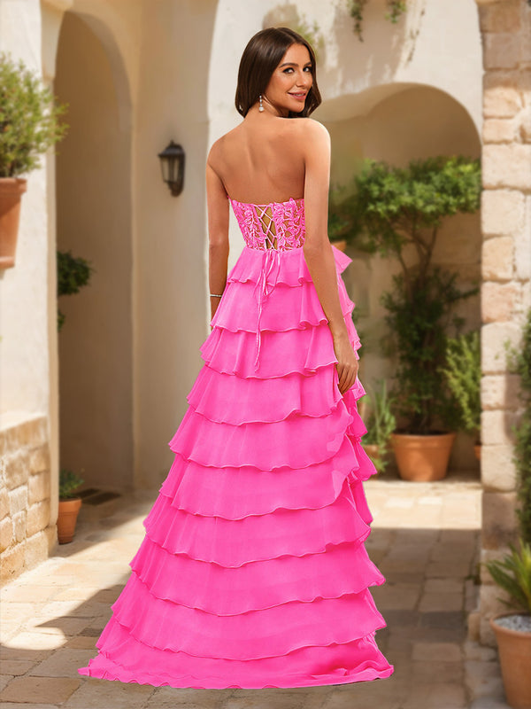 A-Line/Princess Sweetheart Sheer Corset Appliques Ruffle Prom Dresses