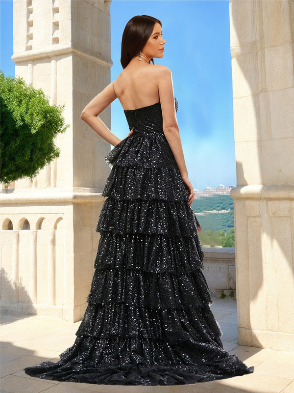 A-Line/Princess Strapless Tiered Ruffle Prom Dresses with Sequins & Split Slit