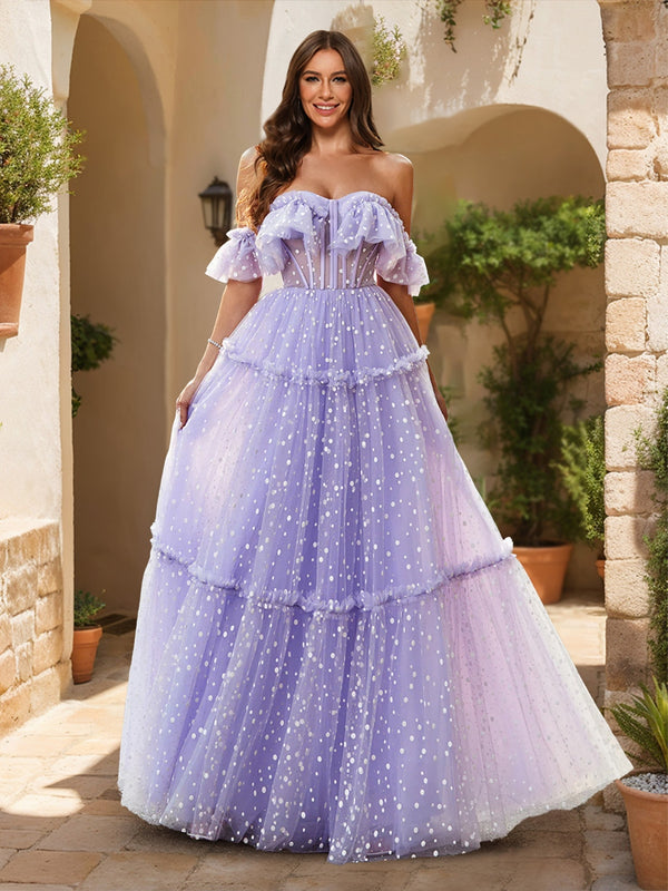 A-Line/Princess Off-the-Shoulder Sheer Corset Ruffled Tulle Prom Dresses with Polka Dots