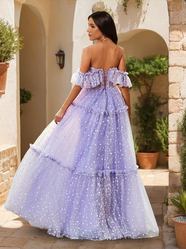 A-Line/Princess Off-the-Shoulder Sheer Corset Ruffled Tulle Prom Dresses with Polka Dots