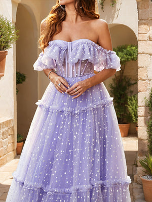 A-Line/Princess Off-the-Shoulder Sheer Corset Ruffled Tulle Prom Dresses with Polka Dots