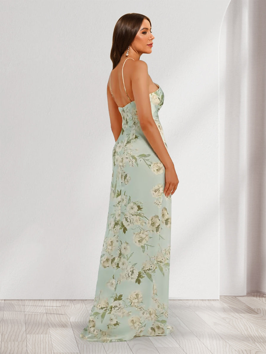 Sheath/Column Unique Halter Printed Floral Bridesmaid Dresses with Split Side