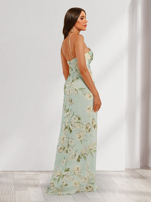 Sheath/Column Unique Halter Printed Floral Bridesmaid Dresses with Split Side