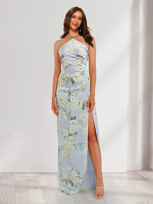 Sheath/Column Unique Halter Printed Floral Bridesmaid Dresses with Split Side
