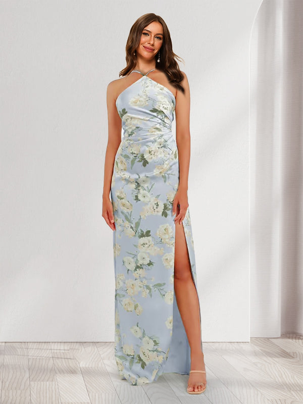 Sheath/Column Unique Halter Printed Floral Bridesmaid Dresses with Split Side
