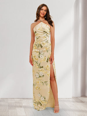 Sheath/Column Unique Halter Printed Floral Bridesmaid Dresses with Split Side