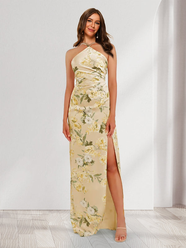 Sheath/Column Unique Halter Printed Floral Bridesmaid Dresses with Split Side