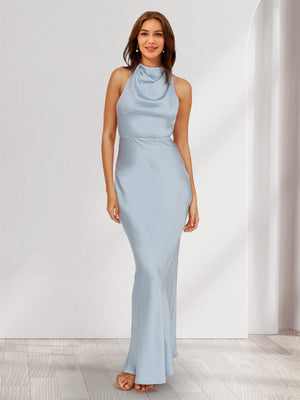 Sheath/Column Halter Sleeveless Maxi Dresses Long Bridesmaid Dresses with Pearls