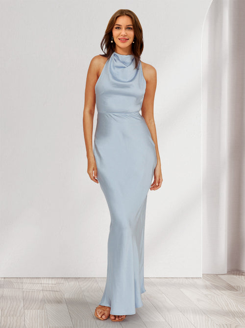 Sheath/Column Halter Sleeveless Maxi Dresses Long Bridesmaid Dresses with Pearls