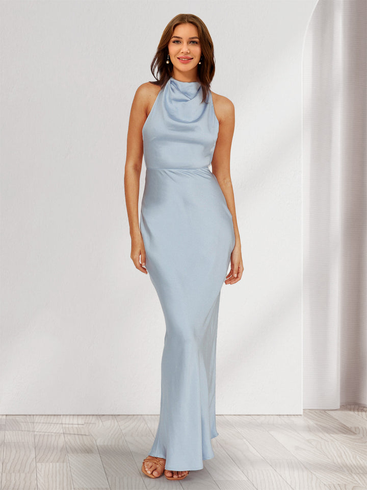 Sheath/Column Halter Sleeveless Maxi Dresses Long Bridesmaid Dresses with Pearls