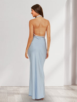 Sheath/Column Halter Sleeveless Maxi Dresses Long Bridesmaid Dresses with Pearls