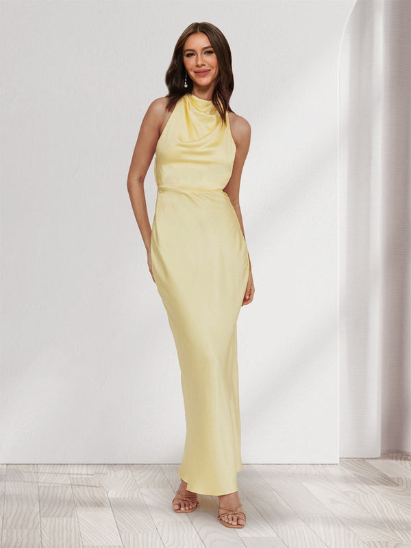 Sheath/Column Halter Sleeveless Maxi Dresses Long Bridesmaid Dresses with Pearls